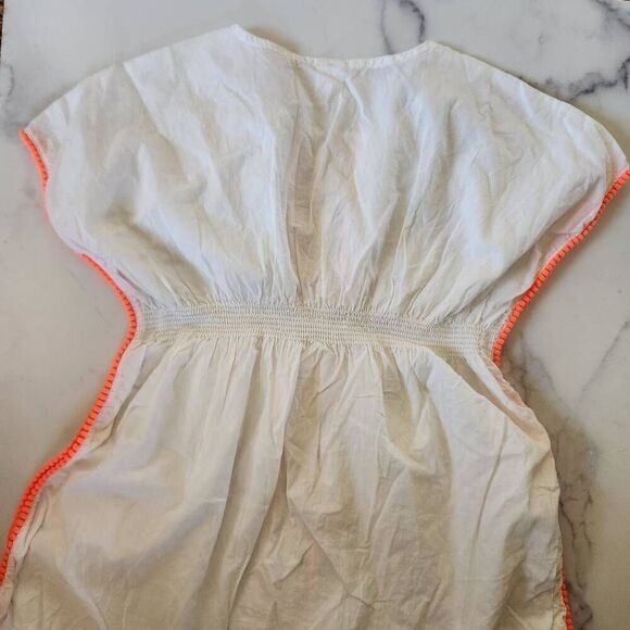 Girls large 10-12 100% cotton white boho swim cover braided trim neon swimming t - Picture 2 of 5
